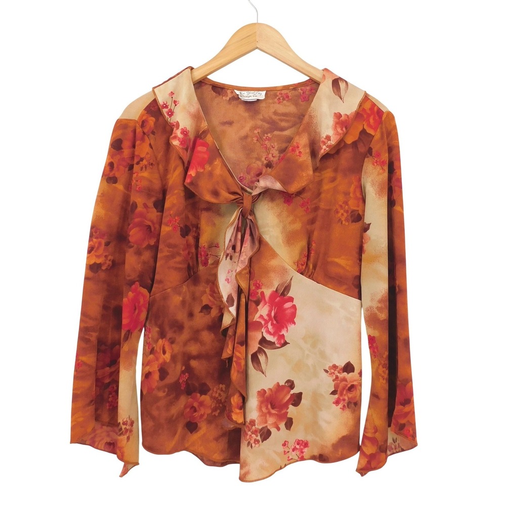 Vintage New York City‎ Design Co Floral Tie Front Ruffle Blouse Size L Fairy